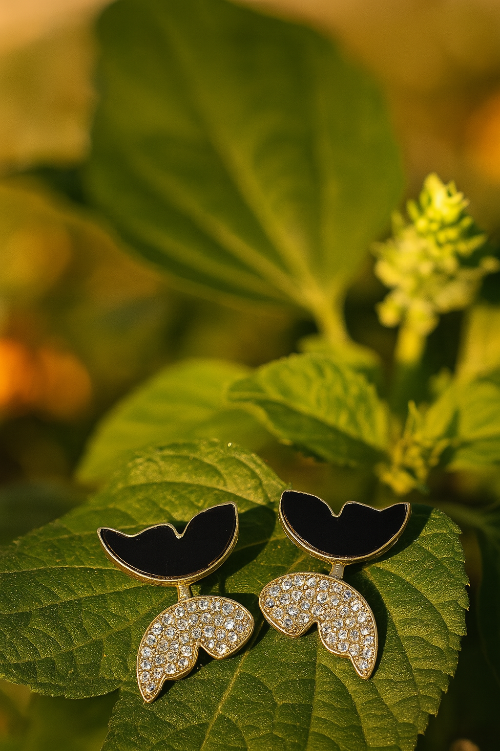 Zircon Butterfly Style Earrings for Women – Elegant Golden & Silver Studs with Black Enamel and Sparkling Stones (AWJ-997) - Golden