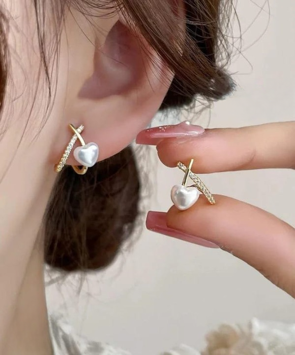 Stylish Minimalist Pearl Heart Earrings – Gold Hoop with Crystal Detailing - Cross Heart Peal Korean Earrings (PJT-993) - Golden