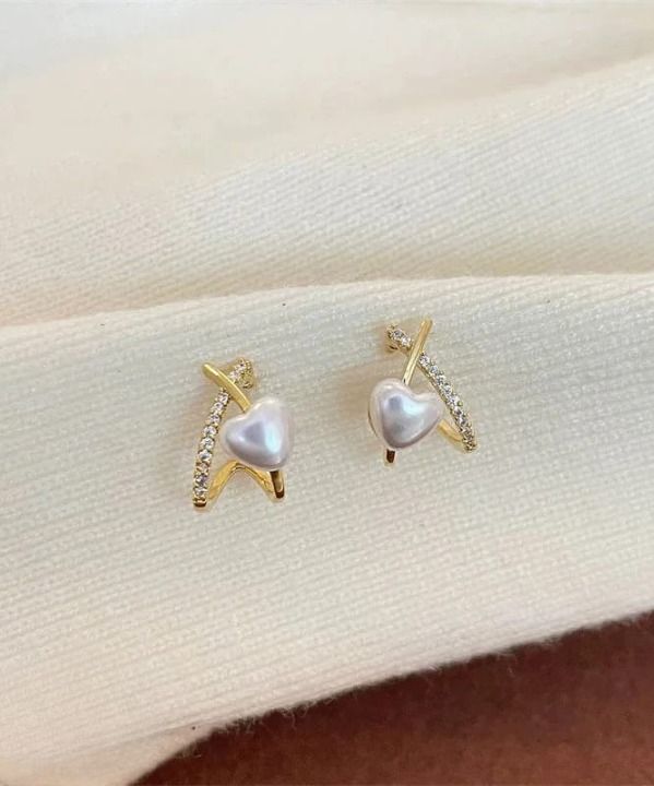Stylish Minimalist Pearl Heart Earrings – Gold Hoop with Crystal Detailing - Cross Heart Peal Korean Earrings (PJT-993) - Golden