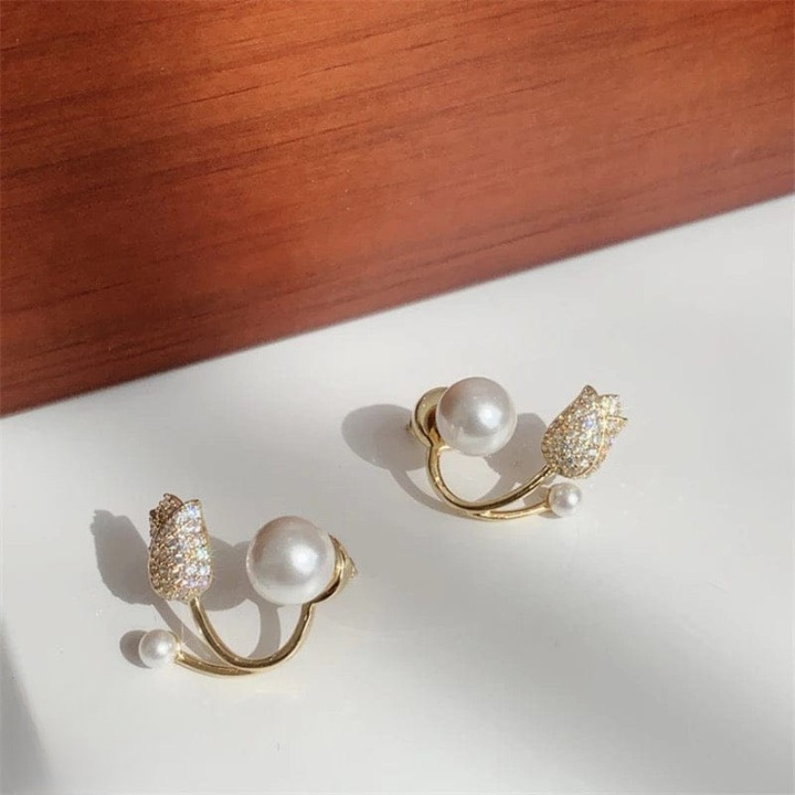 Beautiful Pearl Zircon Korean Flower Earrings for Women – Elegant Floral Design with Sparkling Zircon and Pearl Detailing | Premium Silver and Golden Fashion Jewelry for Parties, Weddings, and Daily Wear | AWT-999 - Golden