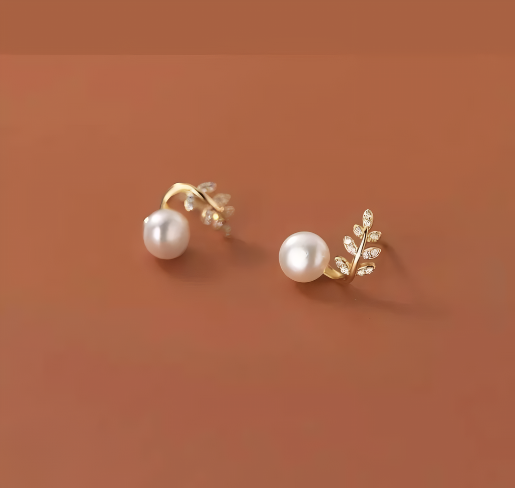Elegant Leaf Pearl Korean Earrings – Stylish Jewelry for Women, Perfect for Casual & Formal Wear (AWT-103) - Golden