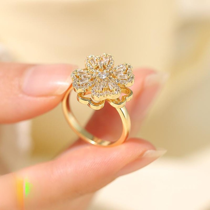 Clover Zircon Rotating Ring – Elegant Adjustable Spinner Ring for Women & Girls, Silver & Golden Finish (QSJ-110) - Golden