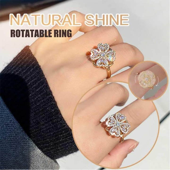 Clover Zircon Rotating Ring – Elegant Adjustable Spinner Ring for Women & Girls, Silver & Golden Finish (QSJ-110) - Golden