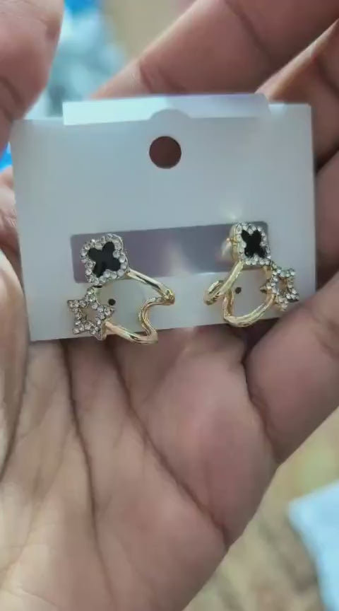Sparkling Clover Star Earrings – Gold Plated Fashion Jewelry with Black Enamel & Crystal Detailing ( PXJ-107) - Golden